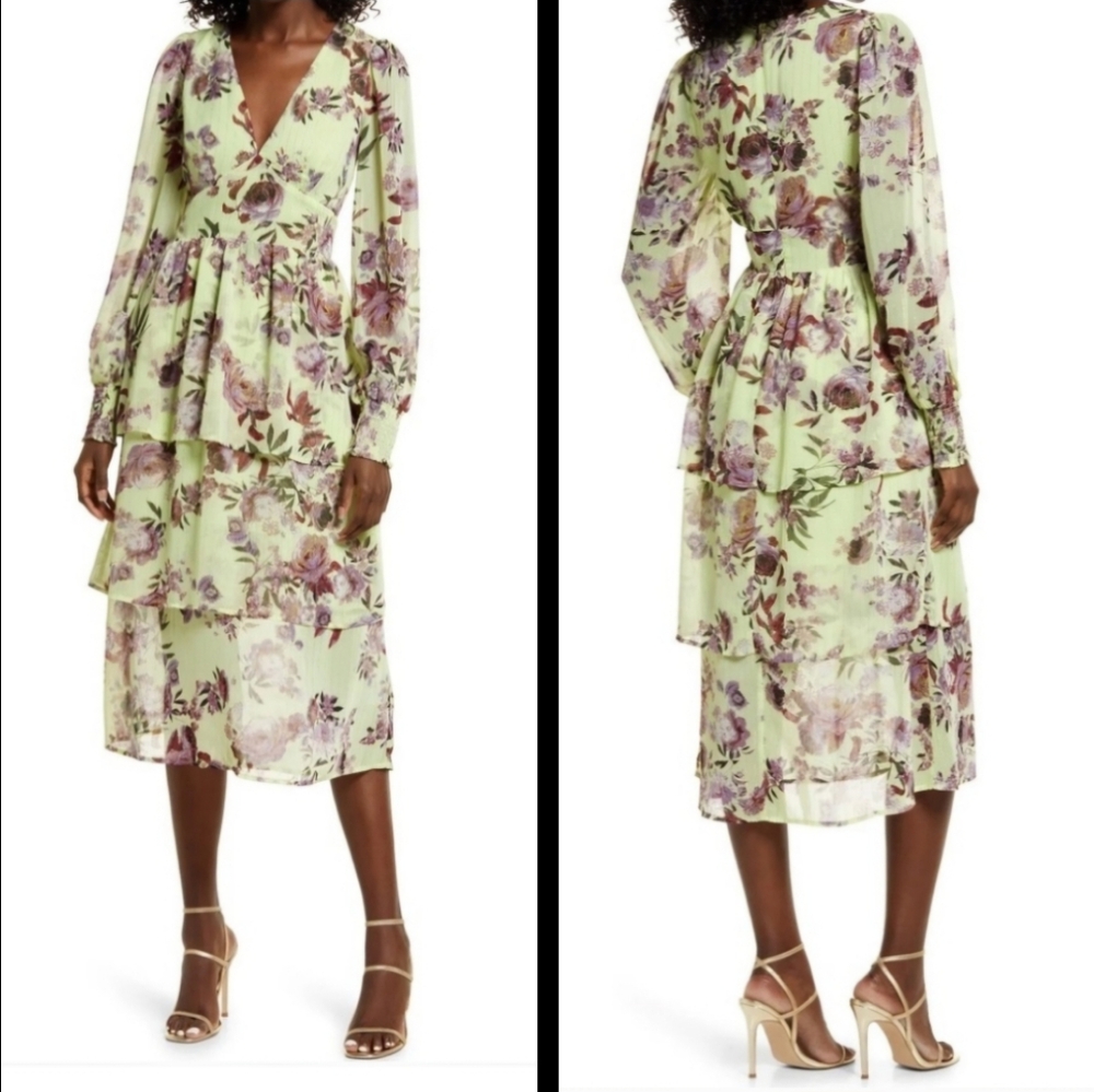 Fourteenth Place‎ Floral V-Neck Tiered Green And Purple Midi Dress Sz S